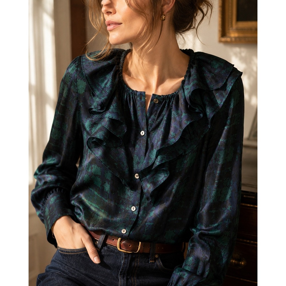 J.Crew Collection Silk Twill Ruffle Plaid Blouse Dark Spruce Button Front S‎